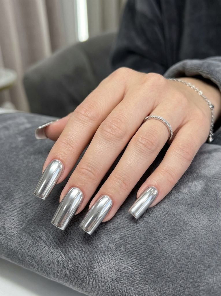 Silver chrome square nail designs