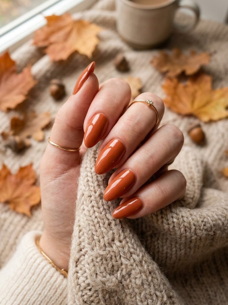 Warm terracotta orange autumn nail colors on almond nails.