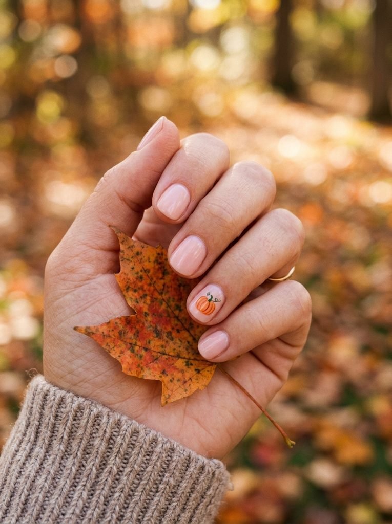 alt="Short round natural nude nails featuring tiny minimalist orange pumpkin art - chic Halloween nail ideas"